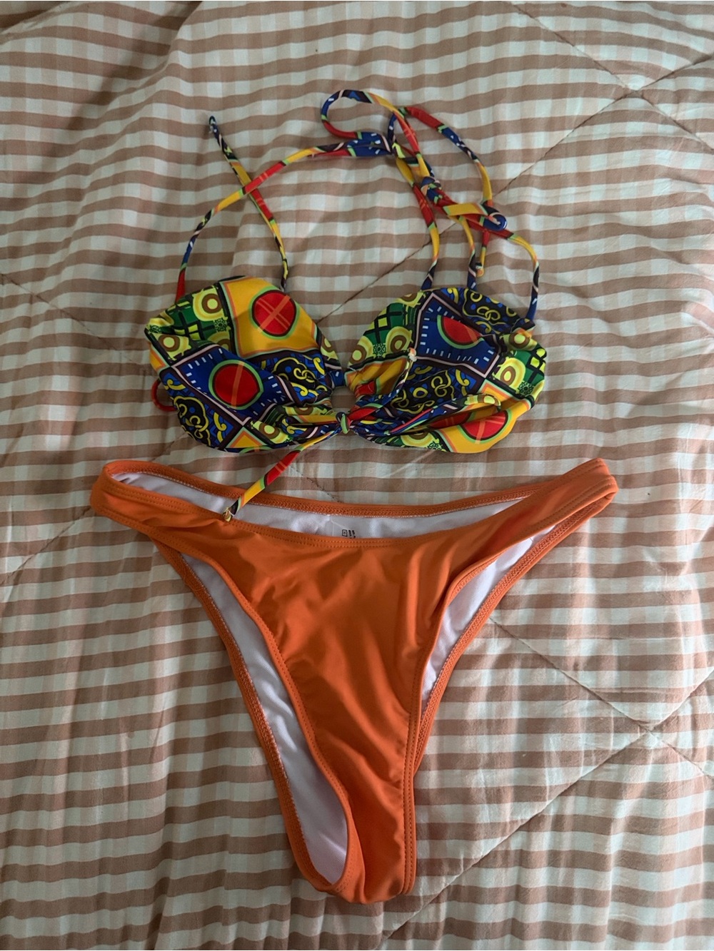 Colorful Patterned Bikini Top with Solid Orange Bottom